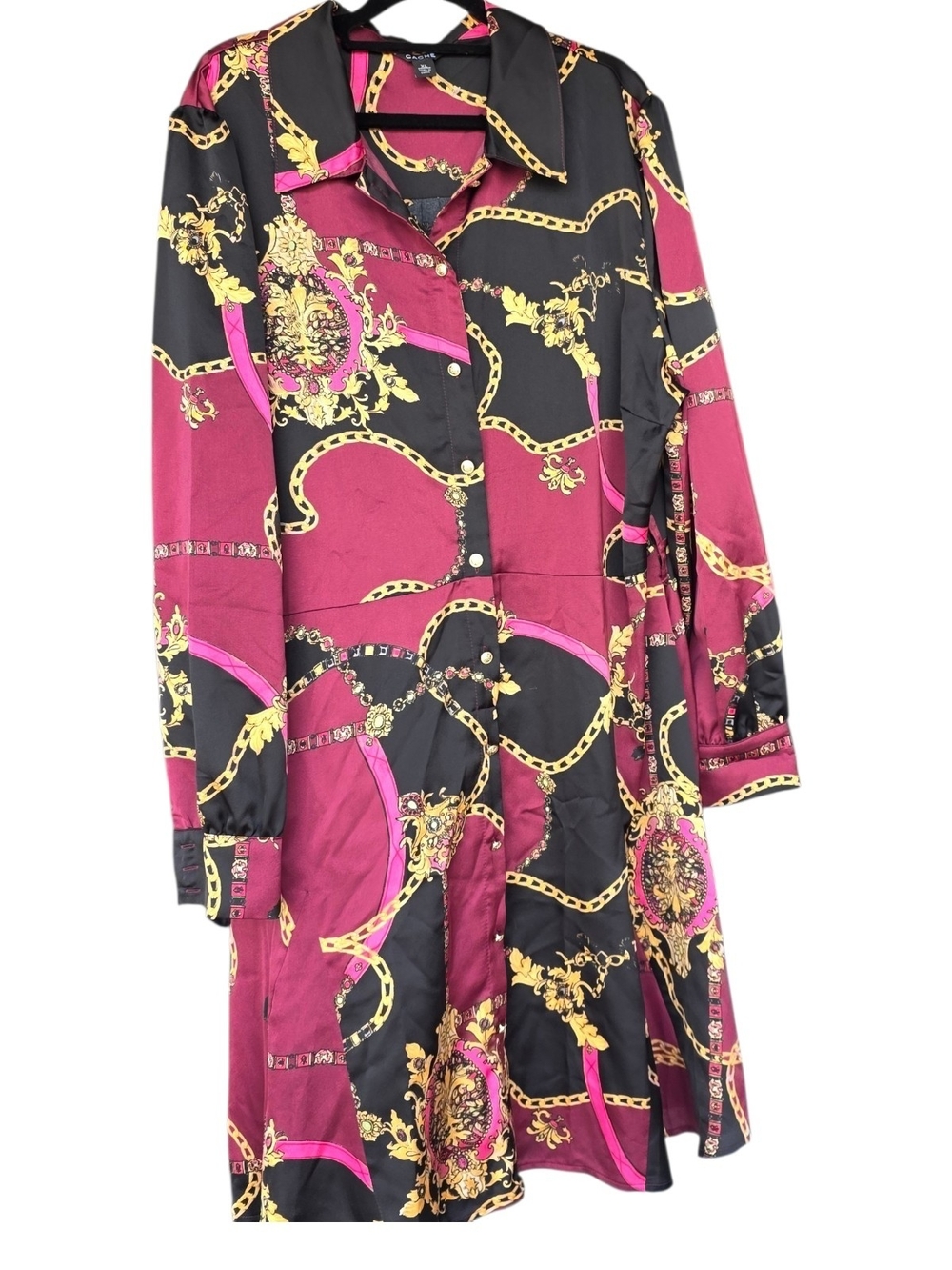 Caché Ladies' Long Button-Front Jacket Coat - Black & Burgundy Chain Print XL